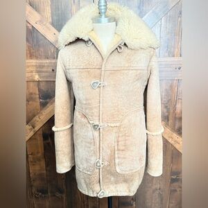 Vintage 70s Overland Western Style Suede Shearling Sheepskin Ranch Coat Size 38